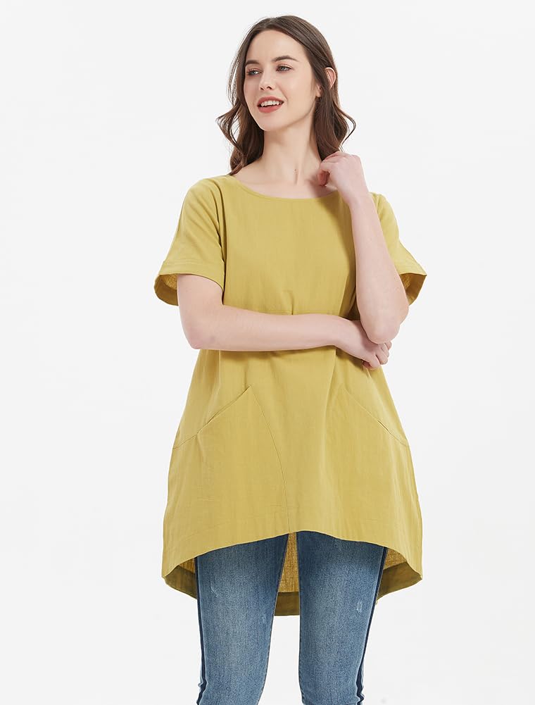 Minibee Women's Cotton Linen Short Sleeve Tunic/Top Tees (XXL, Chartreuse) - Image 4